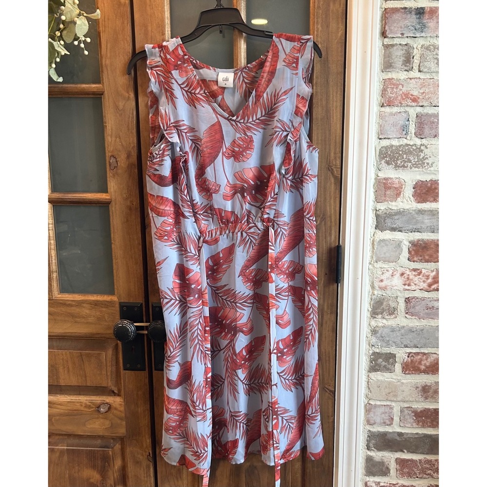 Cabi Womens Dress Med Blue Coral V Neck Leaf Print Sleeveless Tie Waist‎ Coastal